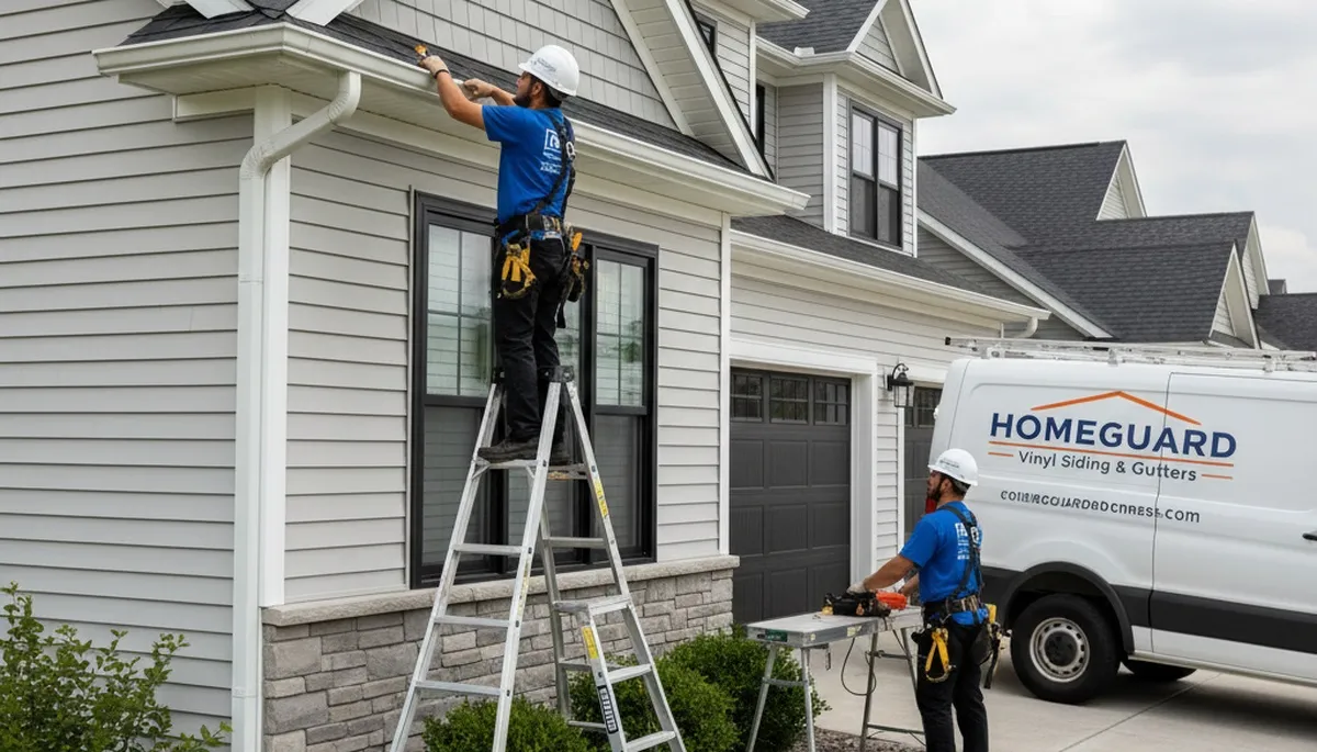 Technician repairing home gutters and vinyl siding in Colorado Springs, CO for Next Level Exteriors