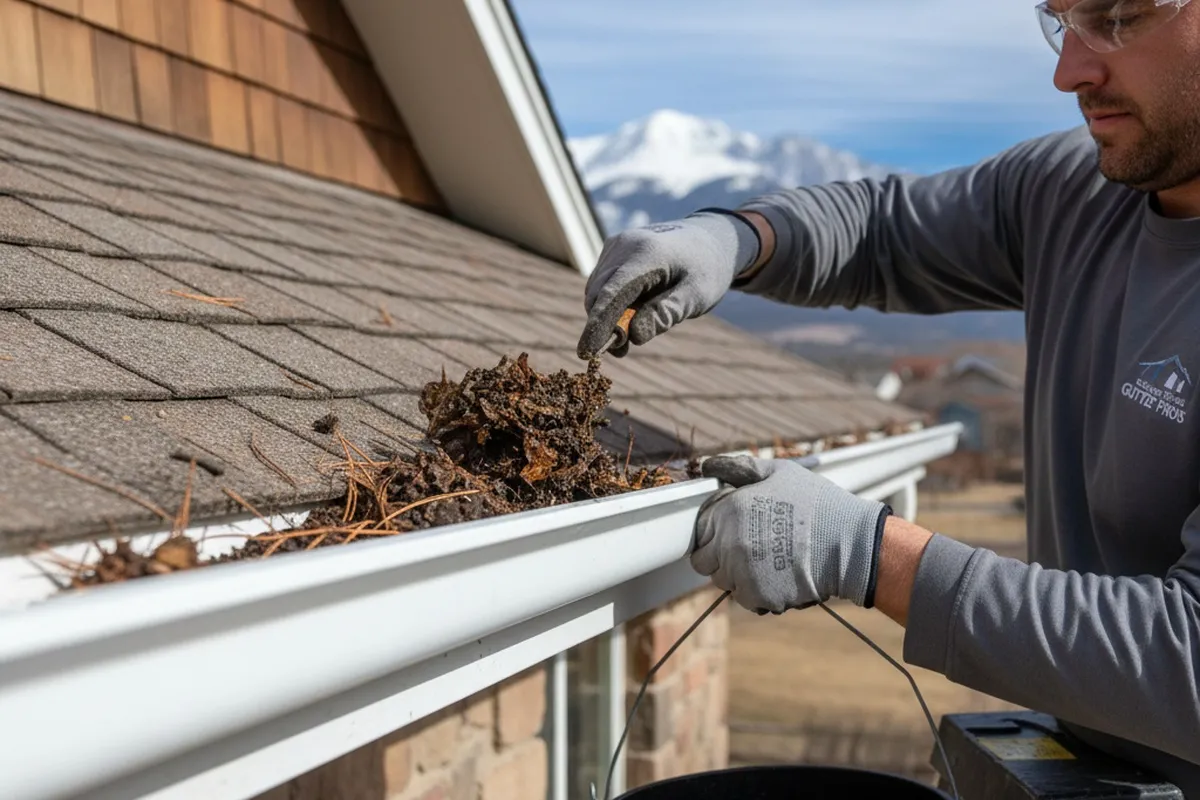 Technician performing detailed gutter cleaning at Colorado Springs home for vinyl siding protection