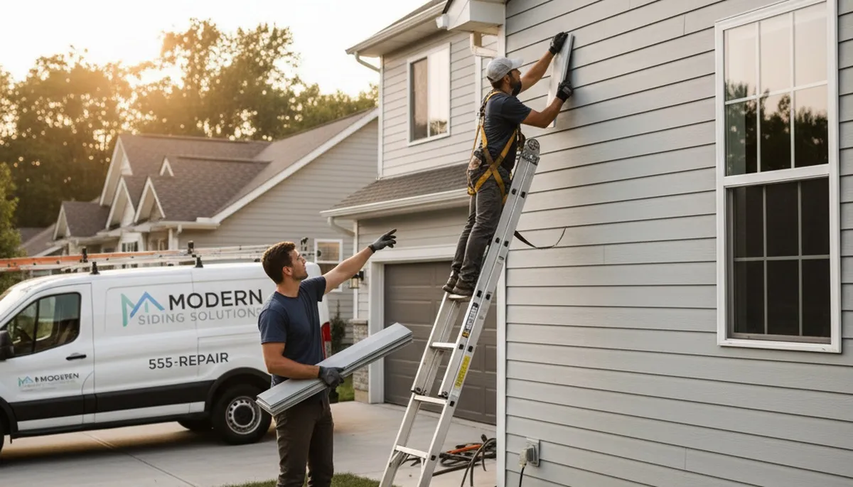 Technician repairing cracked vinyl siding on home exterior in Colorado Springs, CO